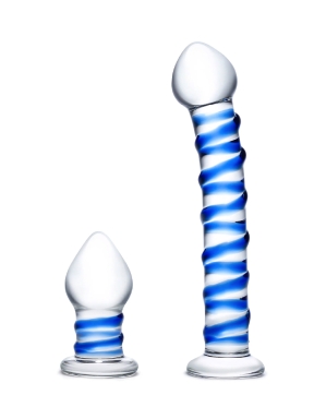 2-Piece Double Penetration Glass Swirly Dildo & Butt Plug Set